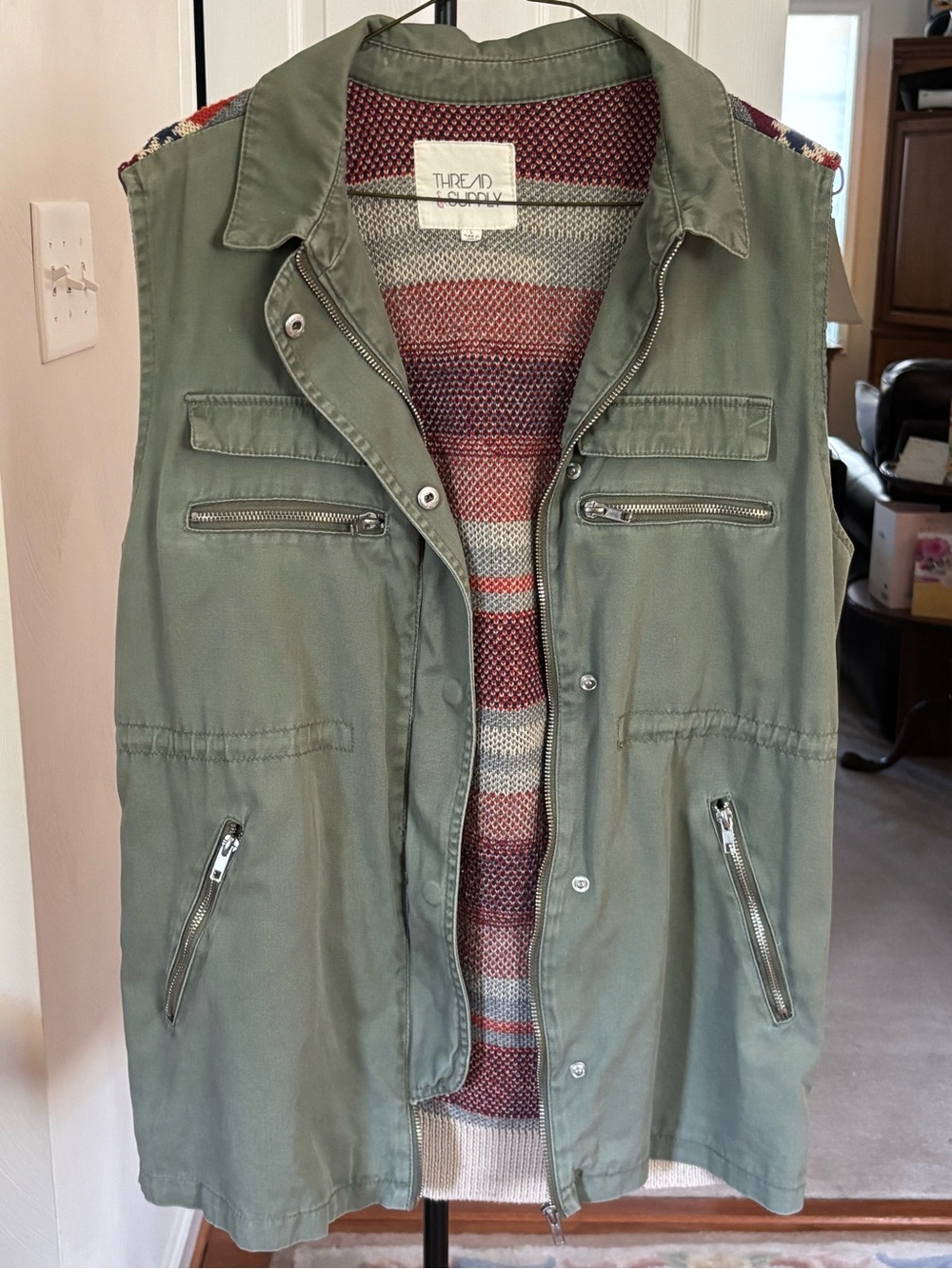 Thread & Supply Olive Green Sleeveless Utility Vest with Zip Pockets